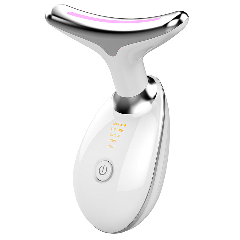 Masajeador de cuello GlowPulse blanco visto de frente, con el panel de modos y el botón de encendido